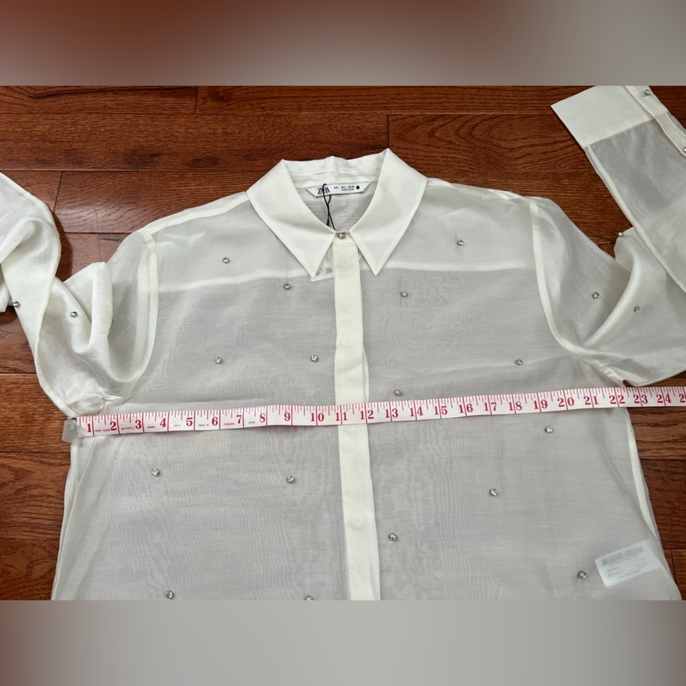 NWT!! Zara Oyster White Ecru Semi Sheer Shirt Blouse With Jewels Size L - Picture 12 of 14